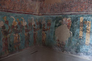 Left Room Wall Mural in Bonampak's Acropolis - bonampak mayan ruins,bonampak mayan temple,mayan temple pictures,mayan ruins photos